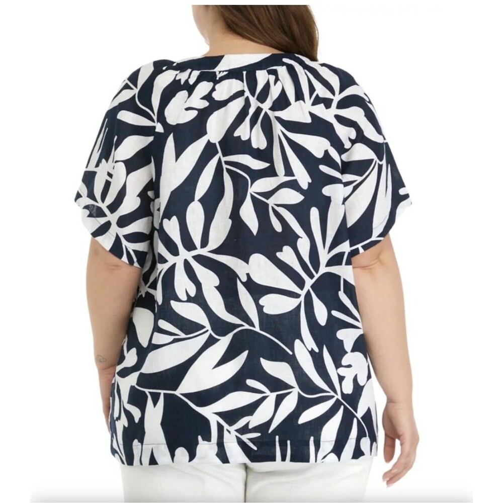 Elie Tahari Linen Short Sleeve XL Popover Top Blouse Blue White Lightweight Natu